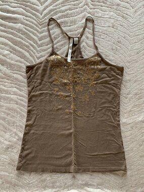 LC Lauren Conrad Y2K Tank | Taupe & Gold Sequin Embellished Racerback Tank Top